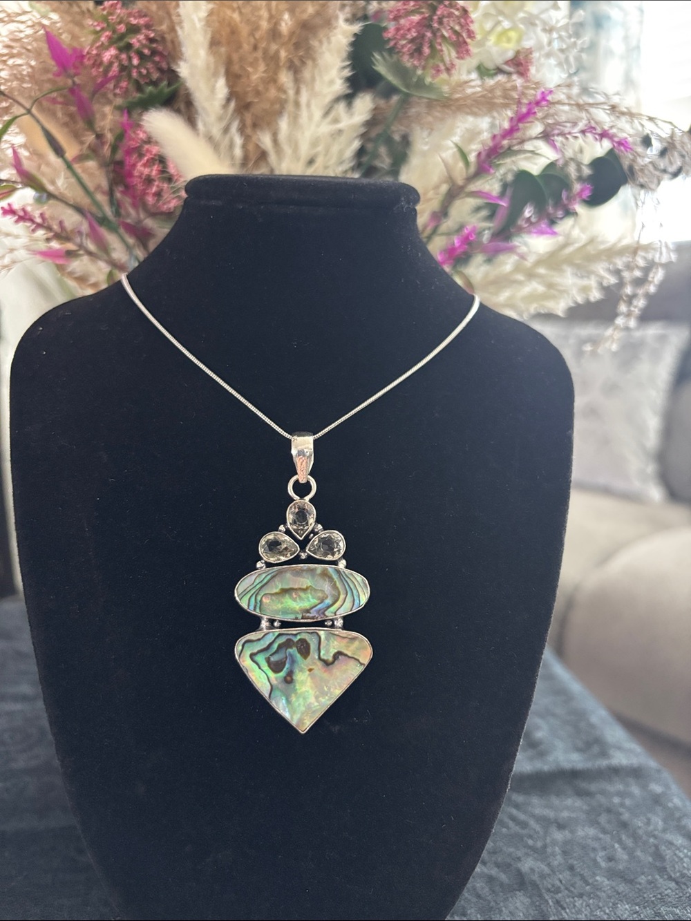 Sterling Silver Abalone Shell White Topaz Gemstone Necklace